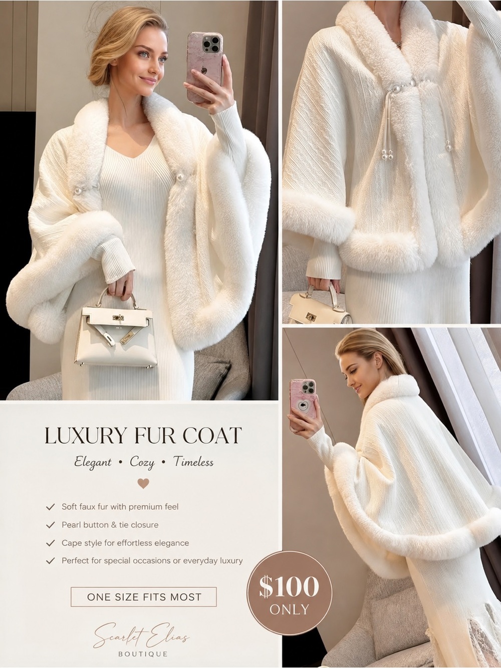 White Faux Fur Trim Cape Coat | Elegant Winter Wrap | One Size